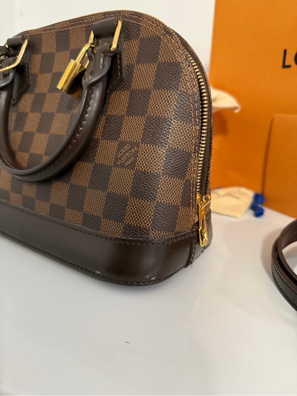 Louis Vuitton Damier Ebene Alma BB Satchel - Dark Brown & Gold - Picture 5 of 10